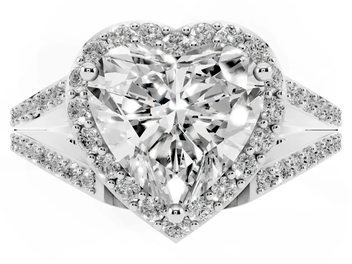 Heart Cut Halo Split Shank Pave Diamond Ring with Four-Prong Setting Silver