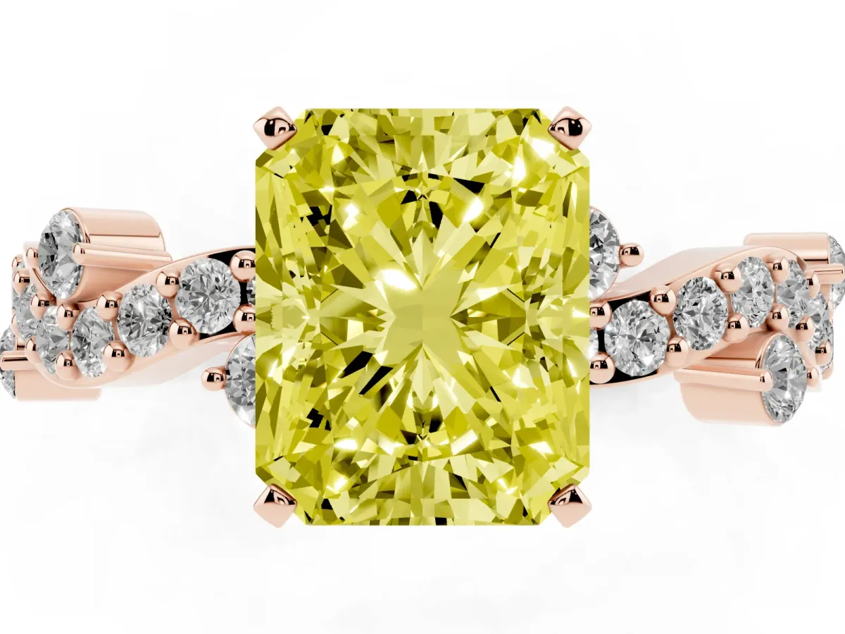 Fancy Yellow Radiant Cut Cut Solitaire Diamond Twisted Band with Pave Setting Rose gold