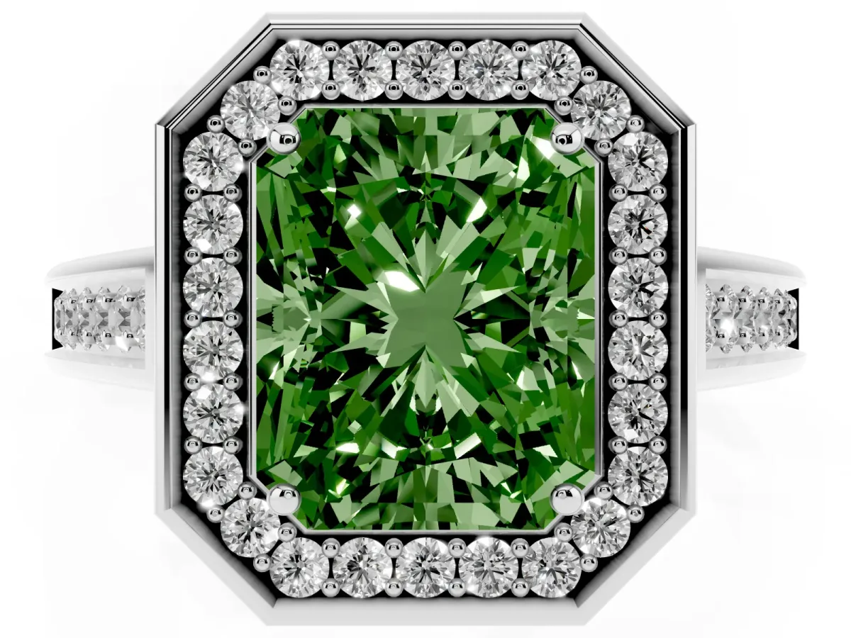 Fancy Green Radiant Cut Halo Solitaire Diamond Ring with Pave Band and Bezel Setting Silver