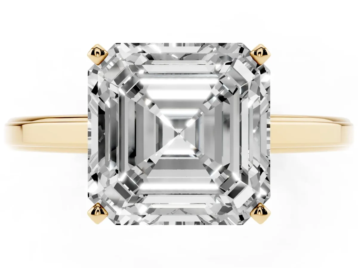 Asscher Cut Solitaire Diamond Ring with Four-Prong Setting and Classic Band Yellow gold