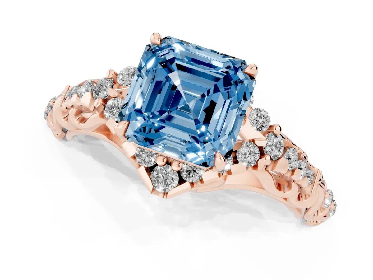 Fancy Blue Asscher Cut Diamond Solitaire Ring with Hidden Halo and Pavé Band Rose gold