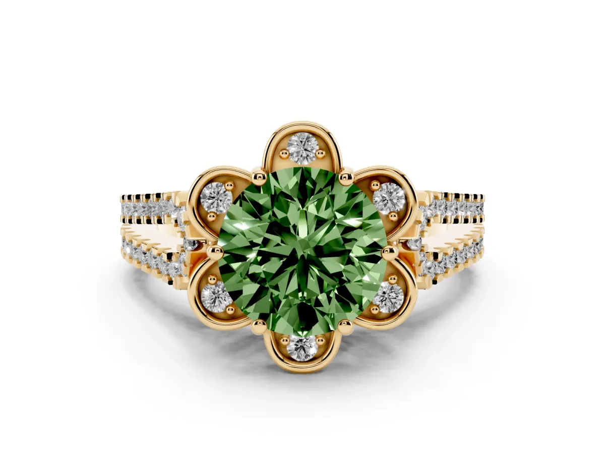 Fancy Green Round Cut Halo Diamond Floral Split Shank Engagement Ring Yellow gold