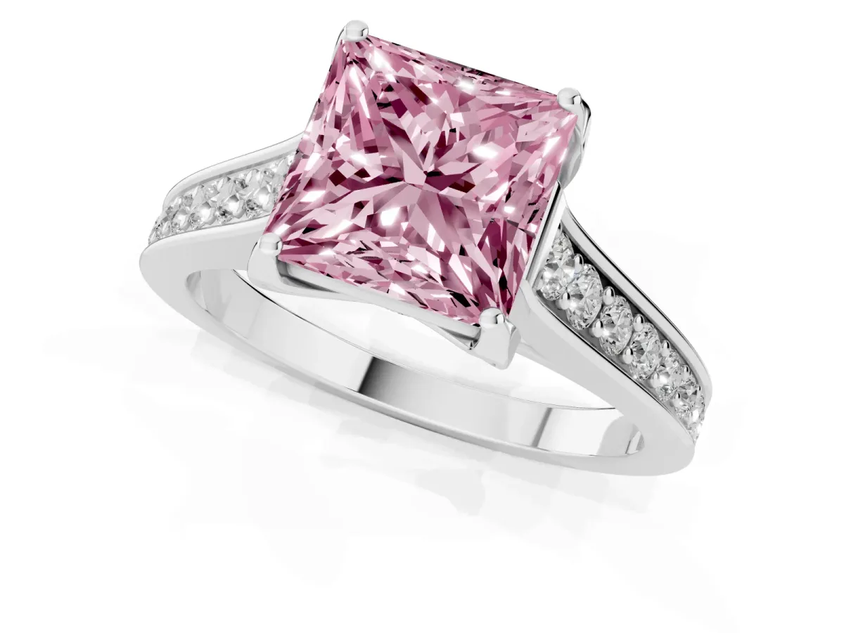 Fancy Pink Princess Cut Brilliant Cut Diamond Engagement Ring with Pavé Band and Four-Prong Setting Platinum