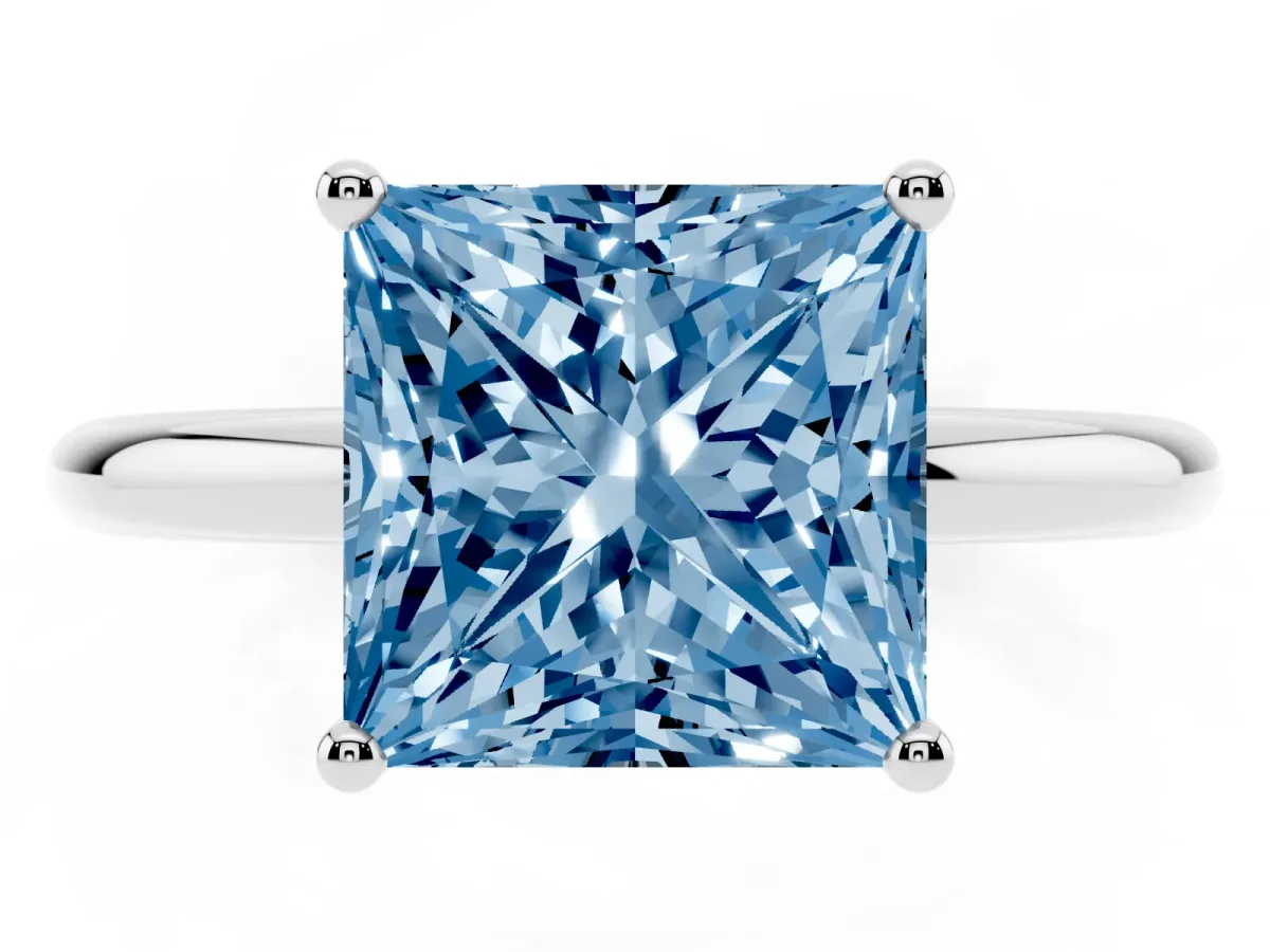 Fancy Blue Princess Cut Cut Solitaire Engagement Ring with Four-Prong Setting and Classic Band Silver
