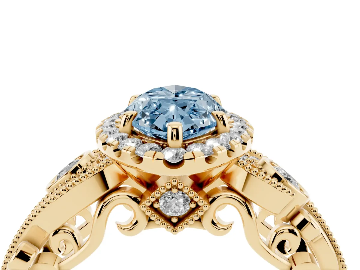 Fancy Blue Marquise Cut Halo Diamond Ring with Milgrain and Bezel Accents on a Split Shank Band Yellow gold