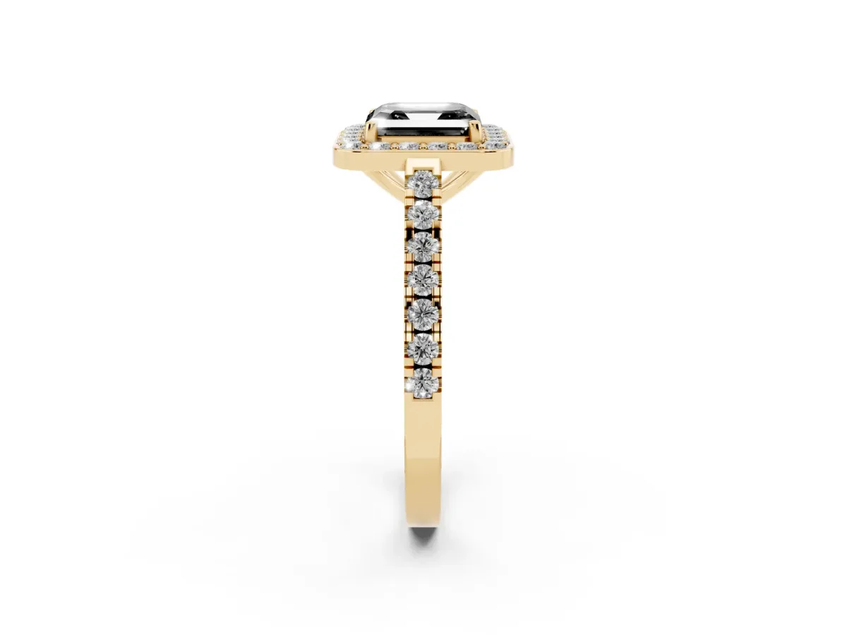 Fancy Black Asscher Cut Diamond Halo Ring with Round Pavé Split Shank and Prong Setting Yellow gold