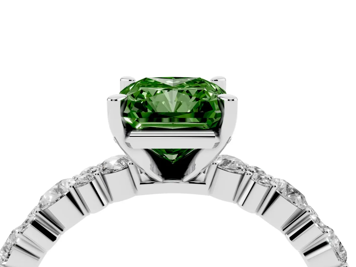 Fancy Green Radiant Cut Diamond Side Stone Solitaire Ring with Round and Four-Prong Setting Silver
