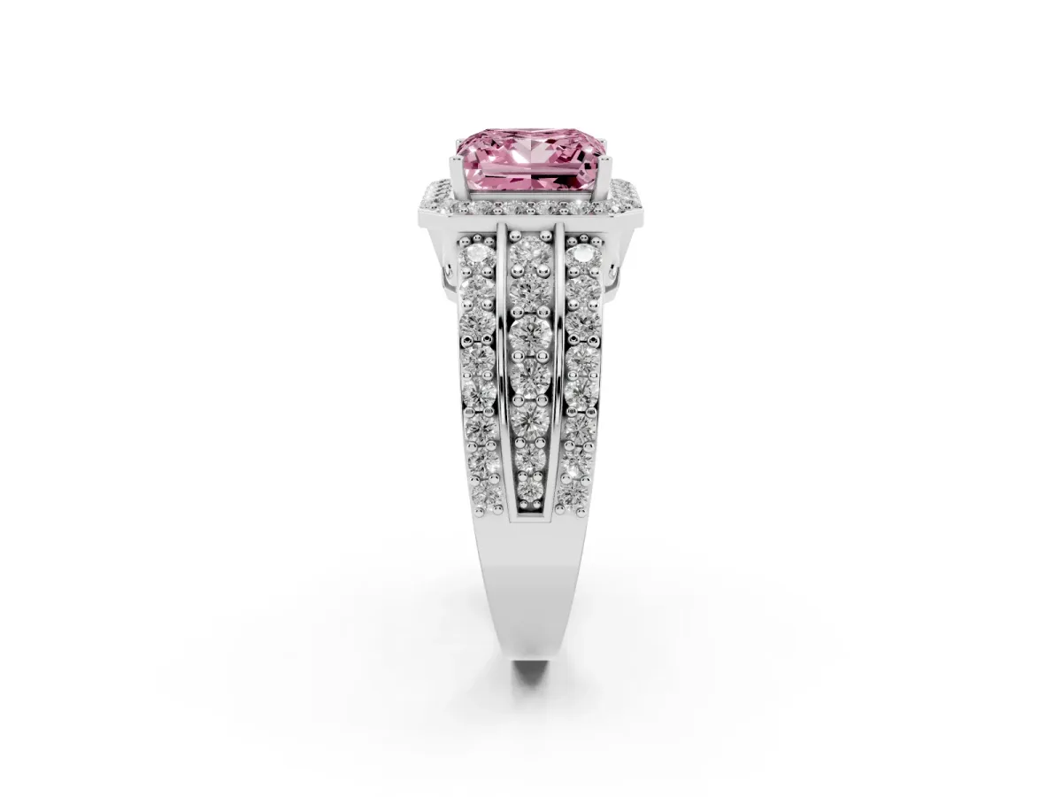 Fancy Pink Princess Cut Halo Diamond Ring with Round Split Shank and Prong Setting Silver