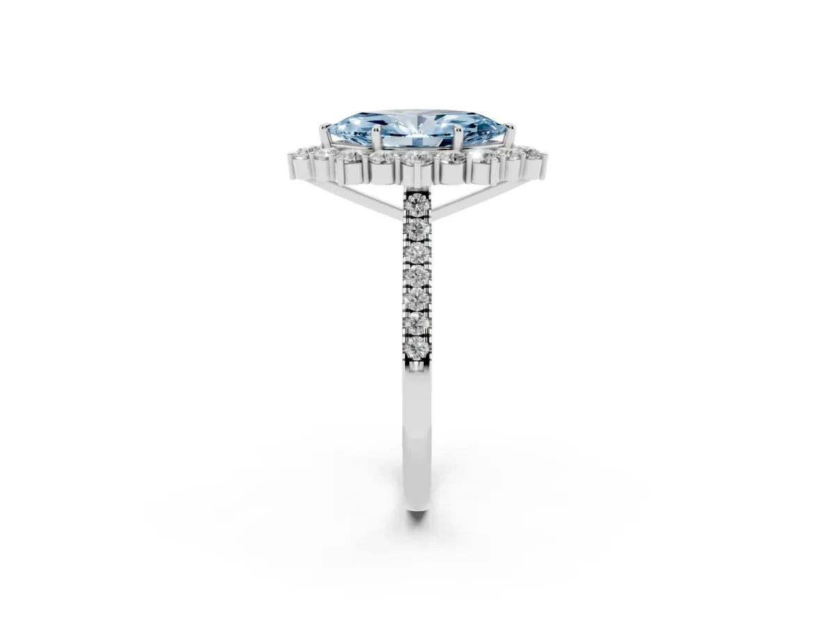 Fancy Blue Marquise Cut Halo Diamond Ring with Pavé Band and Prong Setting Platinum