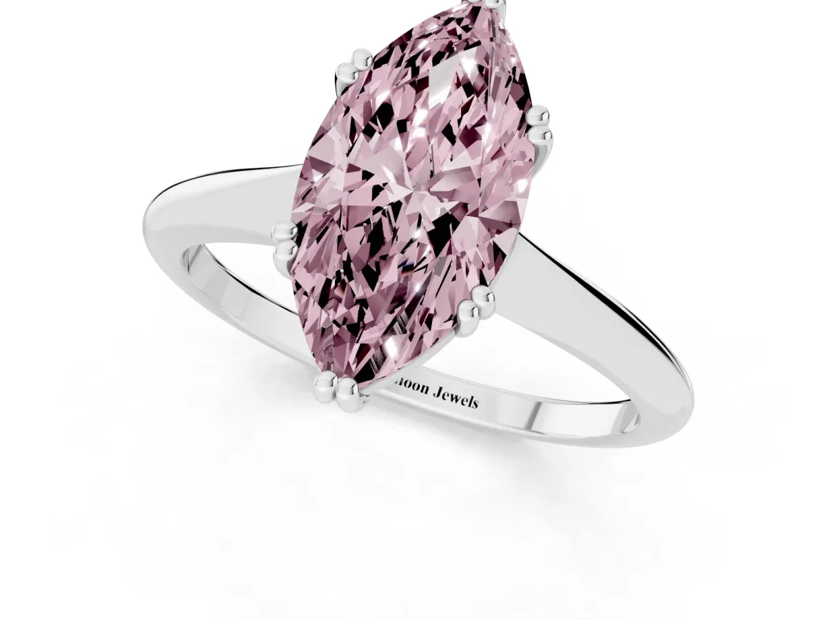 Fancy Pink Marquise Cut Solitaire Diamond Ring with Six-Prong Setting and Classic Band Silver