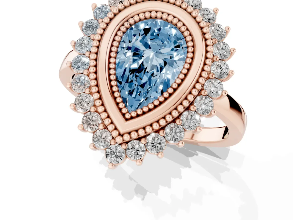 Fancy Blue Pear Cut Halo Diamond Ring with Milgrain Edge and Round Prong Setting Rose gold