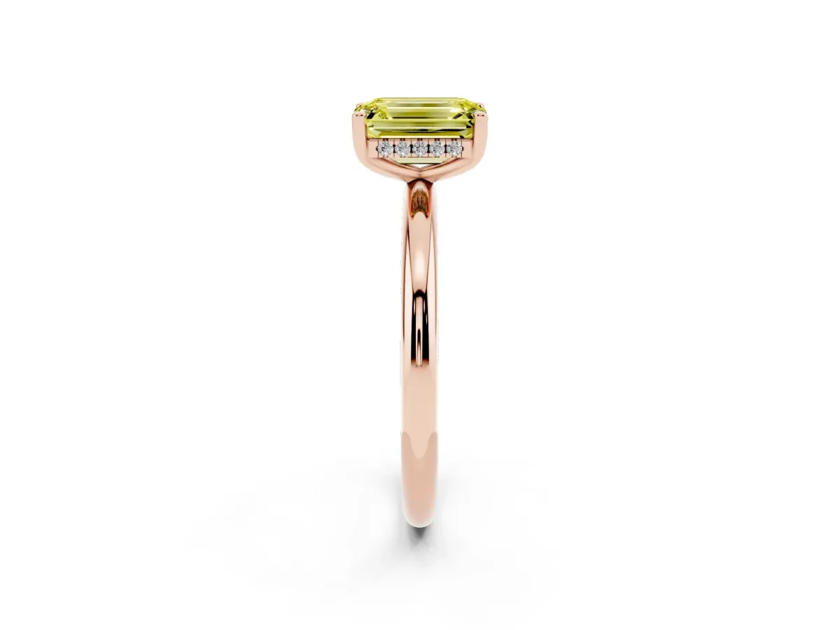 Fancy Yellow Emerald Cut Cut Solitaire Engagement Ring with Four-Prong Setting and Classic Band Rose gold
