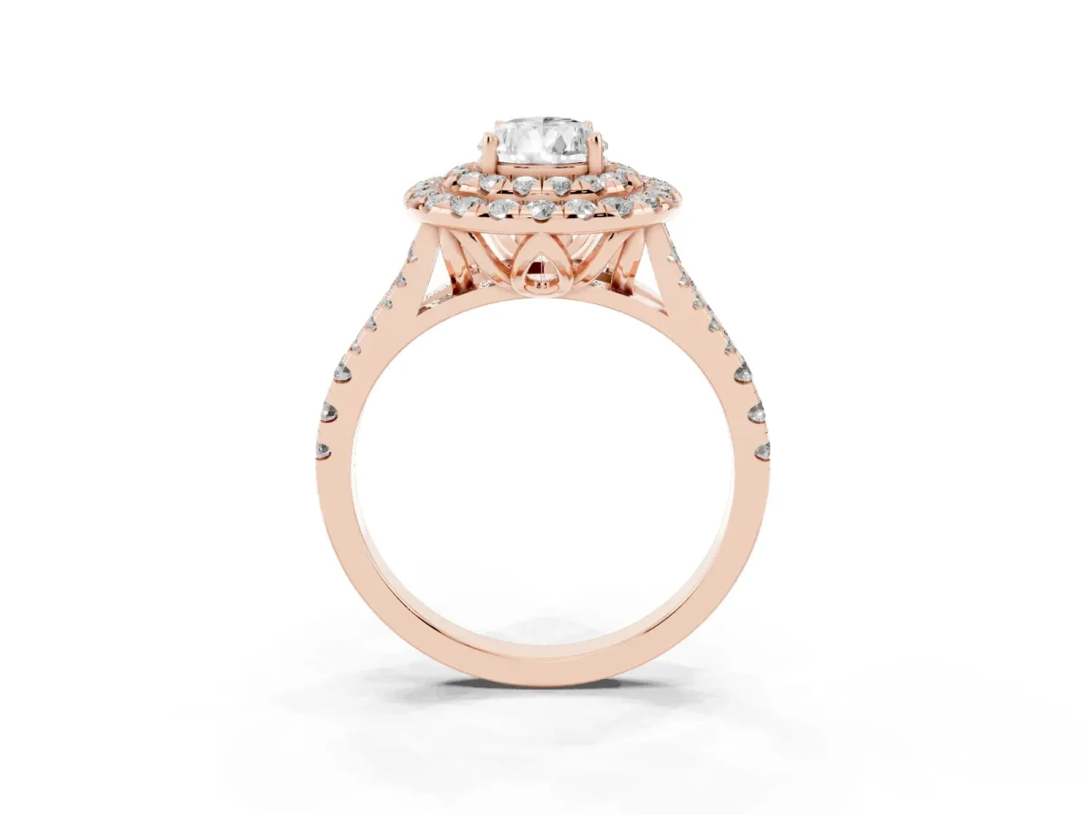 Double Halo Pear Cut Diamond Pavé Split Shank Ring with Prong Setting Rose gold