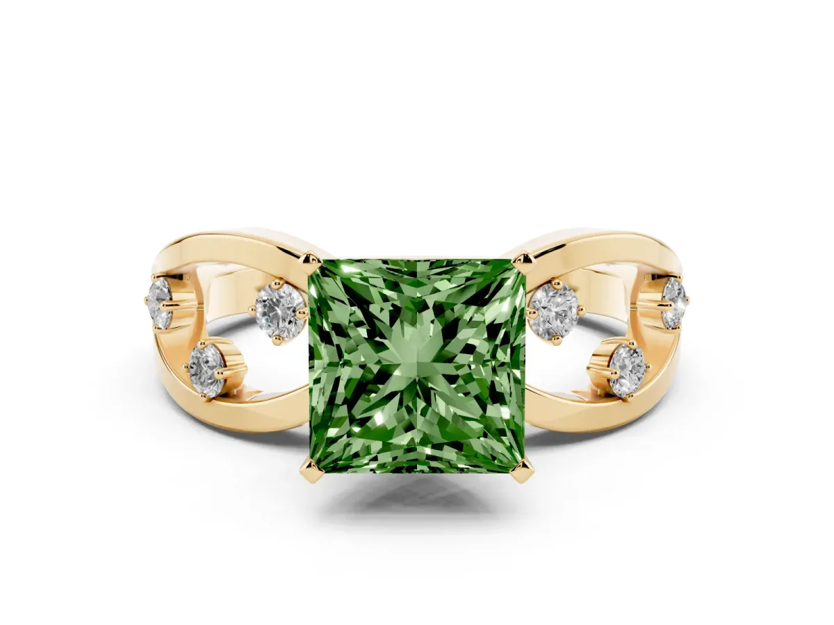 Fancy Green Princess Cut Cut Solitaire Diamond with Side Stones on Criss-Cross Band and Four-Prong Setting Yellow gold