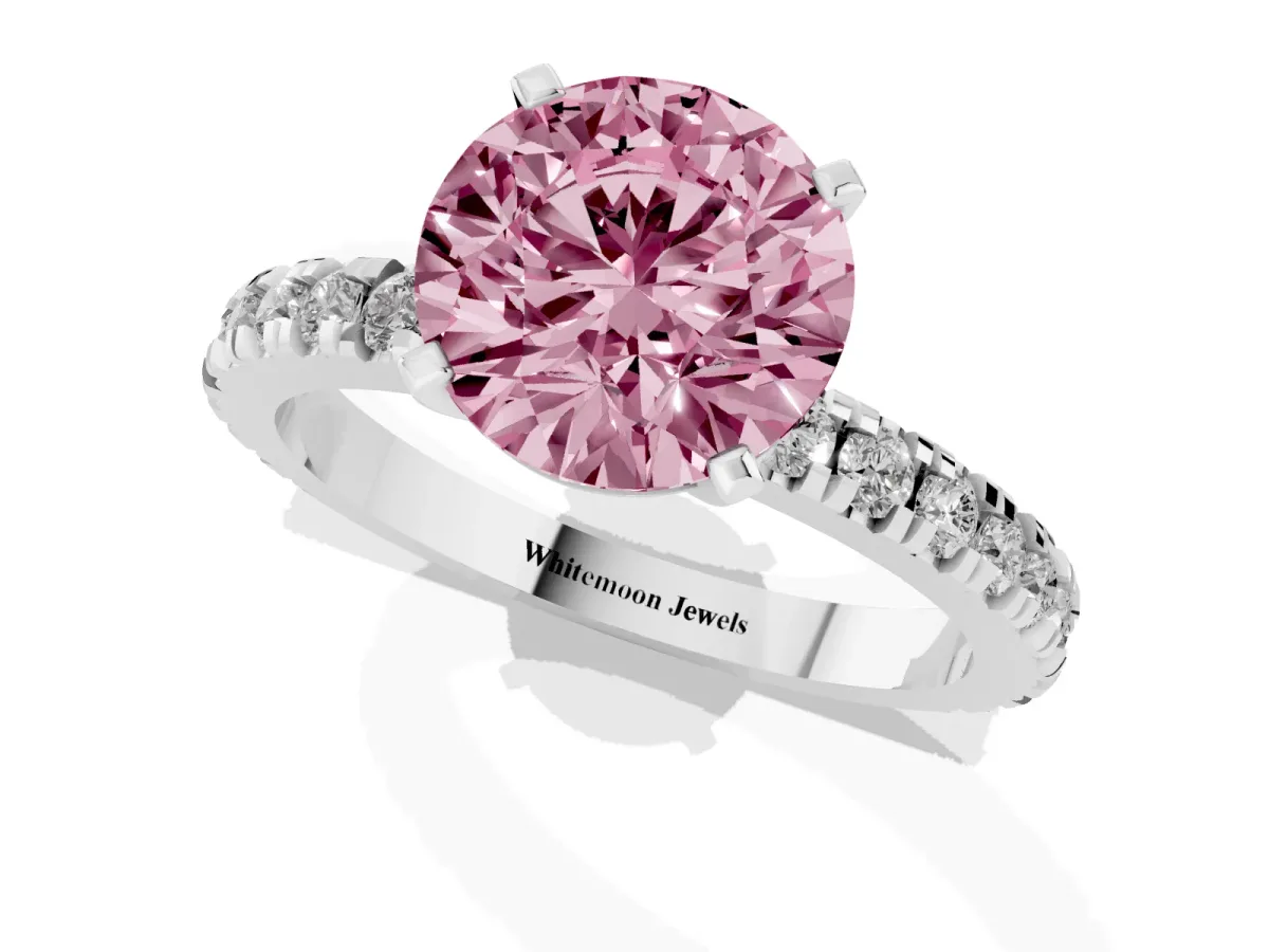 Fancy Pink Round Cut Diamond Pavé Band Solitaire with Four-Prong Setting Silver