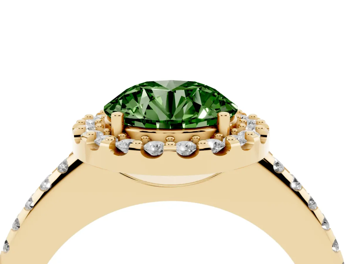 Fancy Green Round Cut Diamond Pavé Halo Ring with Four-Prong Setting Yellow gold