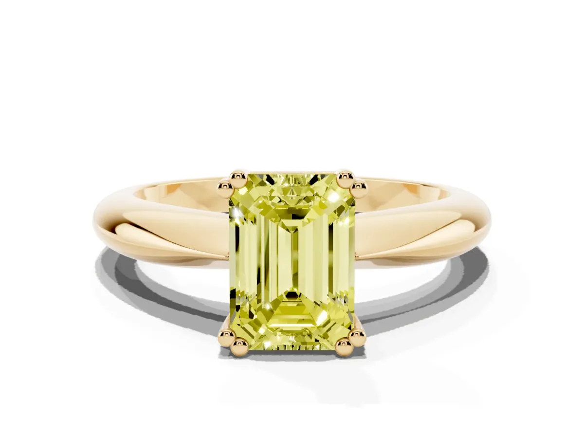Fancy Yellow Emerald Cut Cut Solitaire Engagement Ring with Tapered Band and Four-Prong Setting Yellow gold
