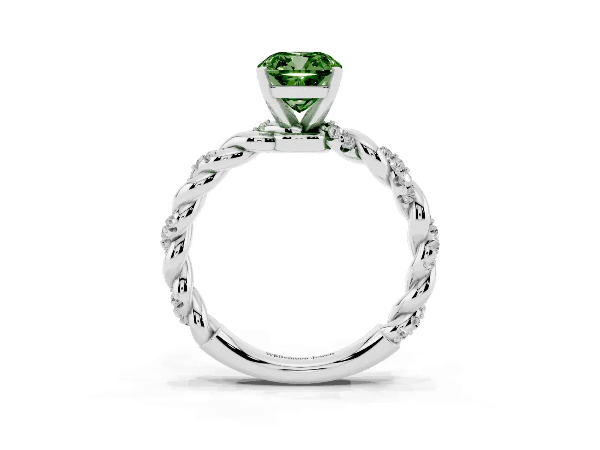 Fancy Green Cushion Cut Diamond Solitaire Ring with Twisted Band and Pavé Accents Silver