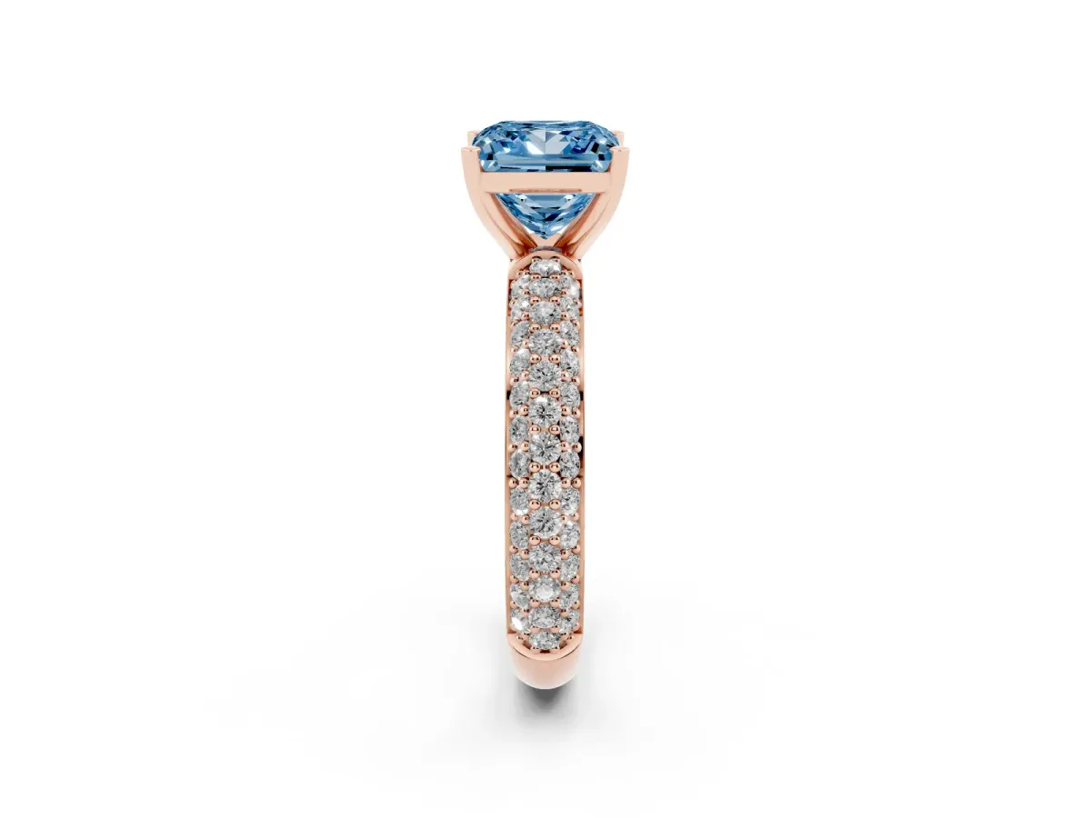 Fancy Blue Princess Cut Diamond Solitaire Ring with Prong Setting and Pavé Band Rose gold