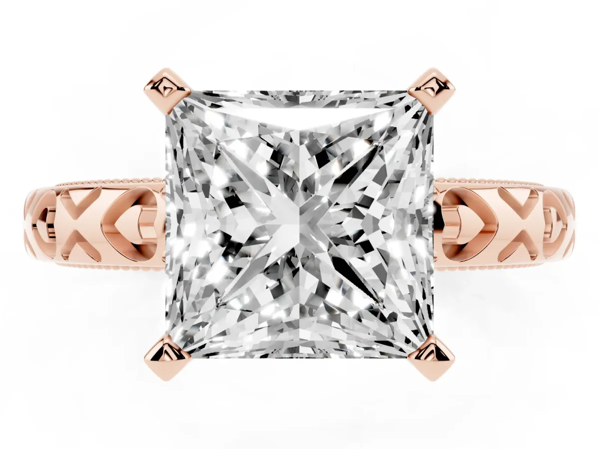 Princess Cut Solitaire Diamond Engagement Ring with XO Engraved Band and Four-Prong Setting Rose gold