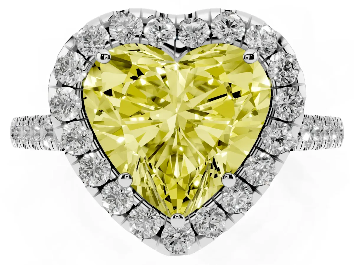 Fancy Yellow Heart Cut Halo Pave Diamond Engagement Ring with Four-Prong Setting White gold