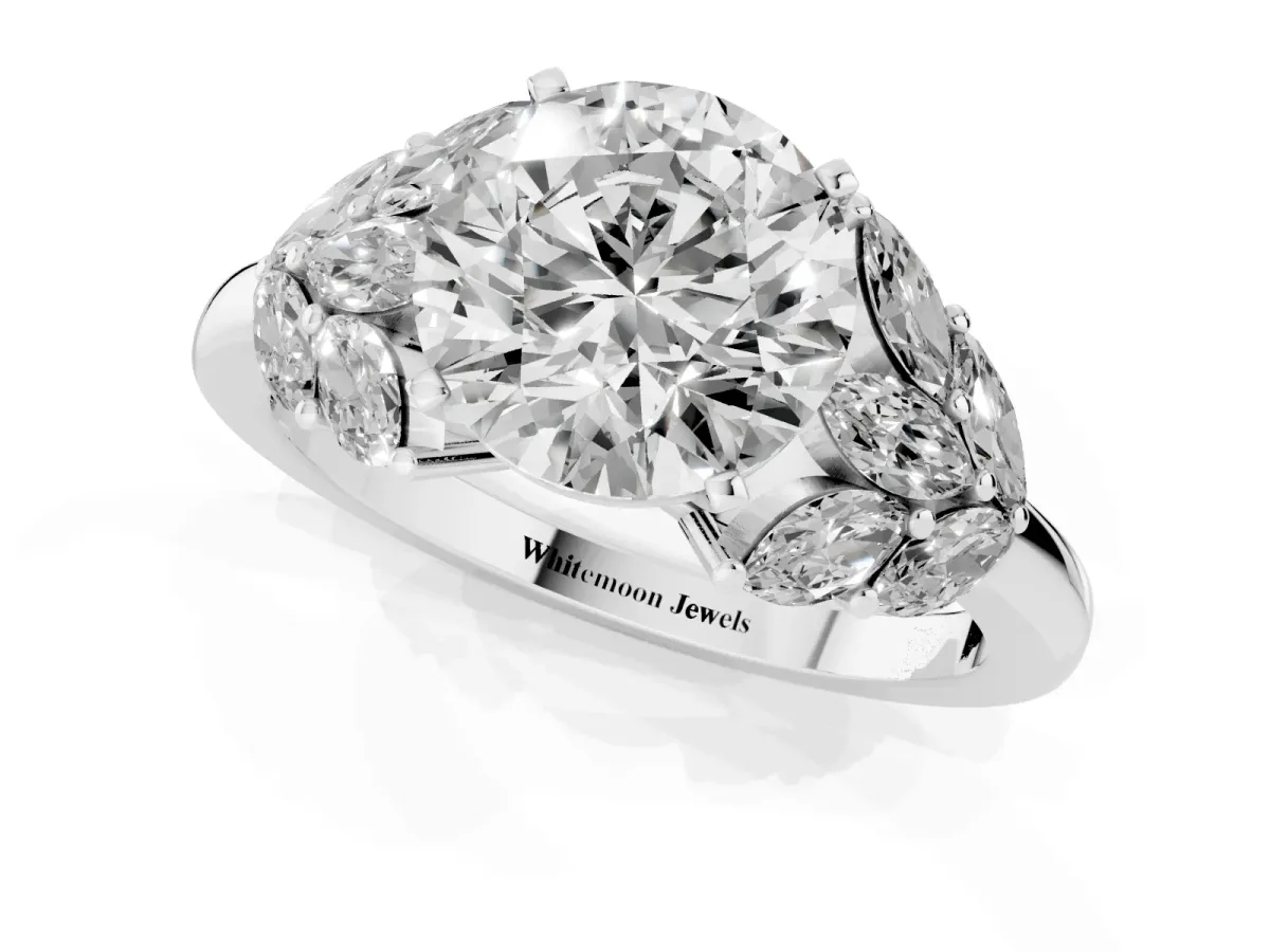 Round Cut Diamond Cluster Leaf Design Ring with Prong Setting Silver