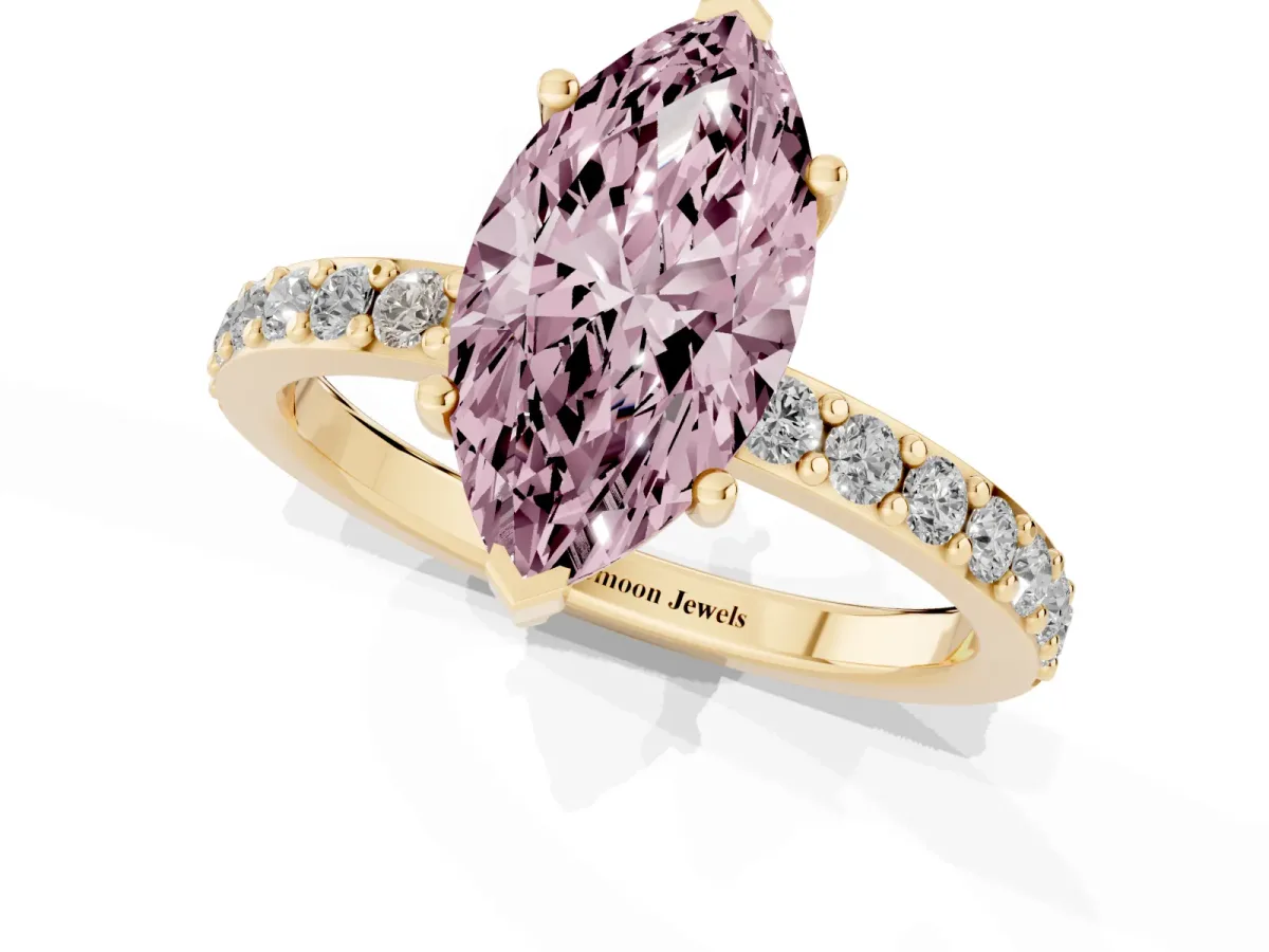Fancy Pink Marquise Cut Cut Diamond Solitaire with Pave Band and Four-Prong Setting Yellow gold