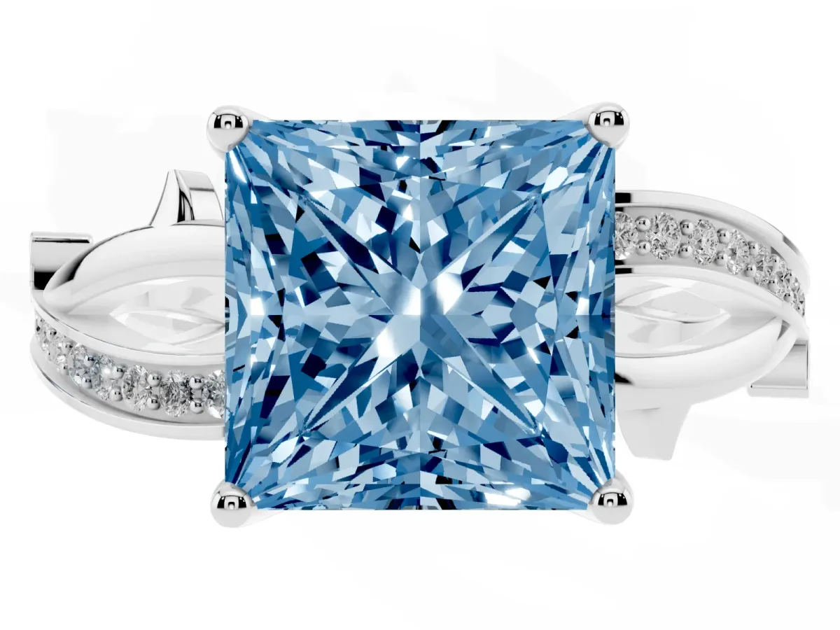 Fancy Blue Princess Cut Solitaire Twist Band with Pavé Accents and Four-Prong Setting Silver
