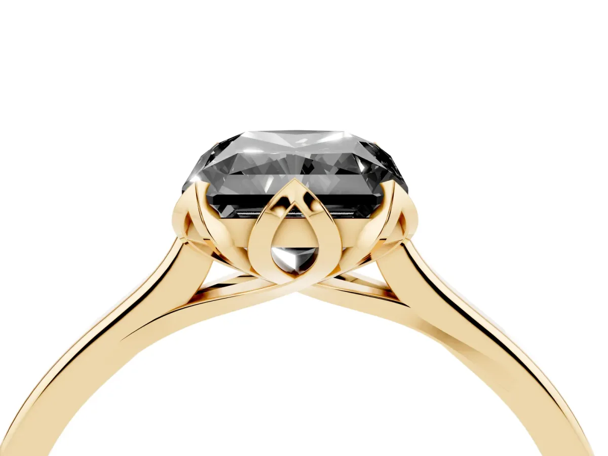 Fancy Black Radiant Cut Diamond Solitaire Ring with Flower Prong Setting and Classic Band Yellow gold