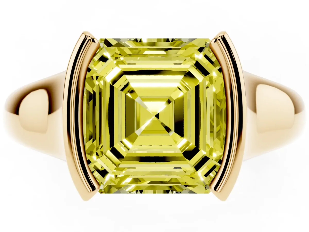 Fancy Yellow Asscher Cut Solitaire Tension Set Diamond Ring with Split Shank Band Yellow gold