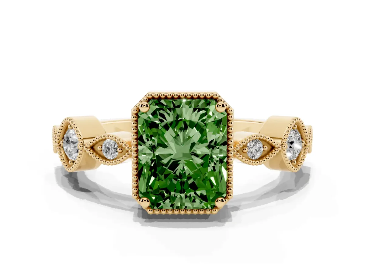 Fancy Green Radiant Cut Diamond Vintage Milgrain Ring with Round Stations Yellow gold
