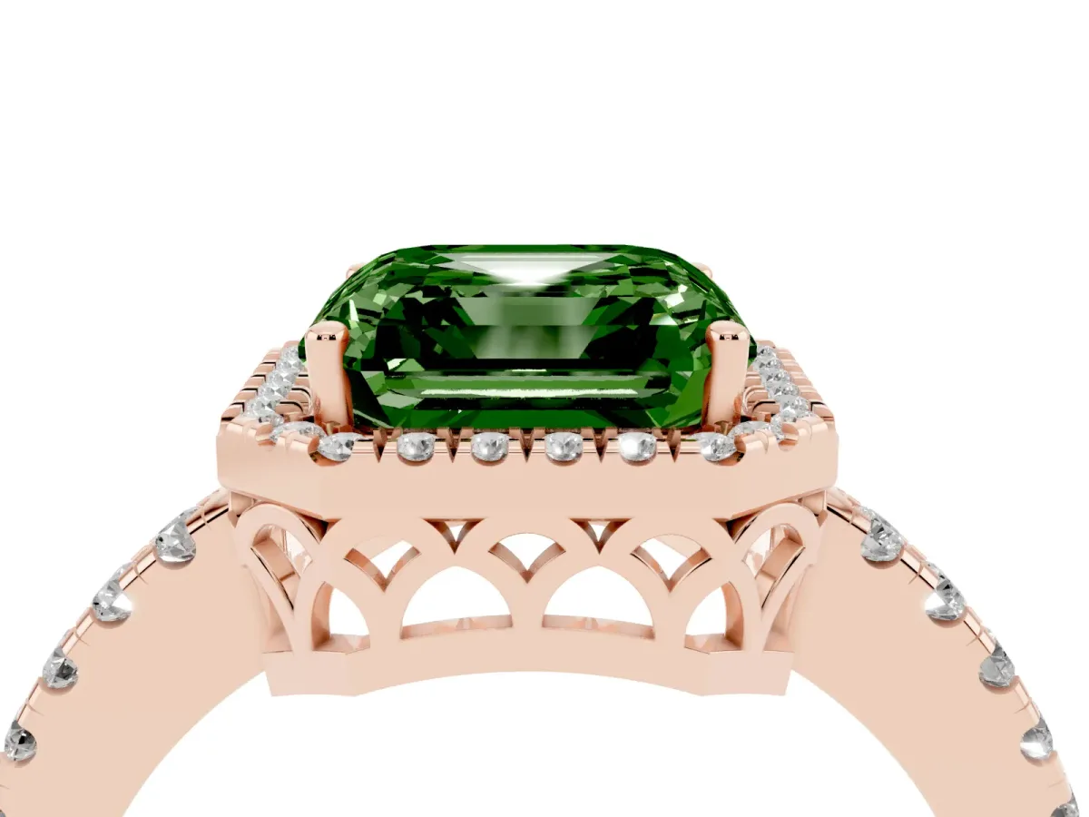 Fancy Green Asscher Cut Halo Diamond Engagement Ring with Pavé Band and Four-Prong Setting Rose gold