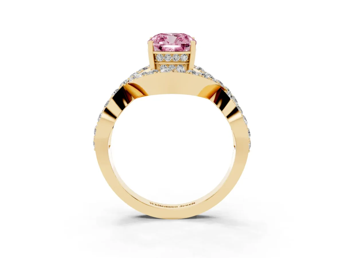 Fancy Pink Cushion Cut Solitaire Twist Band Pavé Diamond Engagement Ring Yellow gold