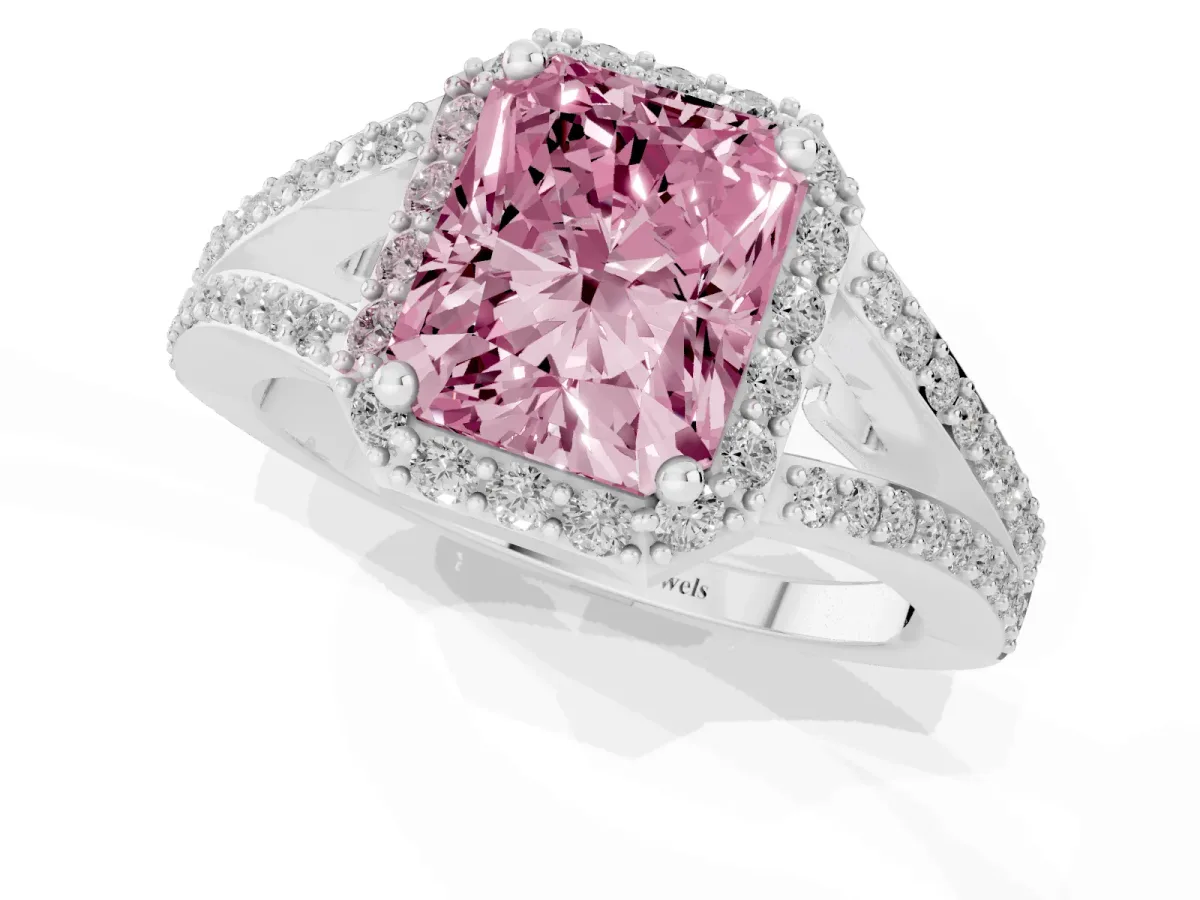 Fancy Pink Radiant Cut Halo Split Shank Pave Diamond Ring with Four-Prong Setting Silver