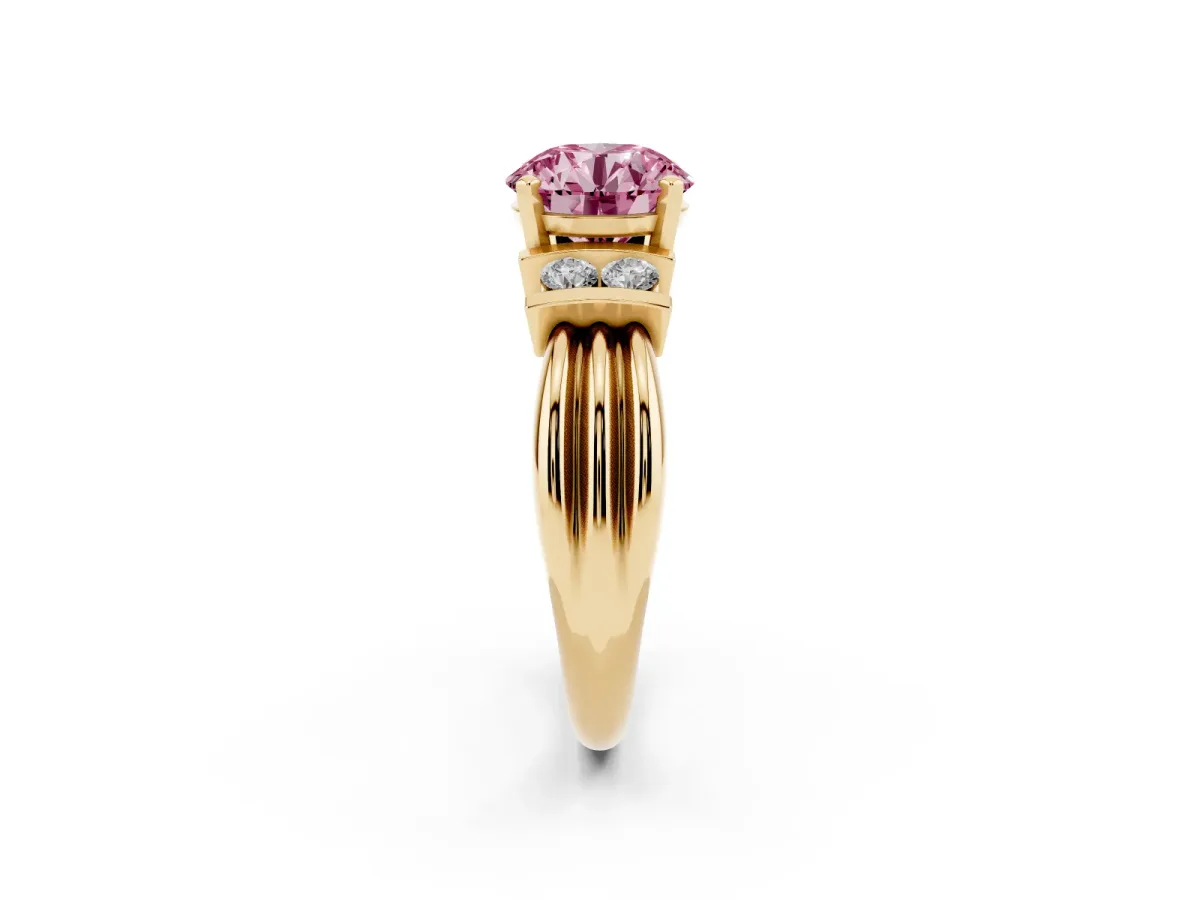 Fancy Pink Round Cut Cut Three-Stone Channel Set Ring with Bar Prongs Yellow gold