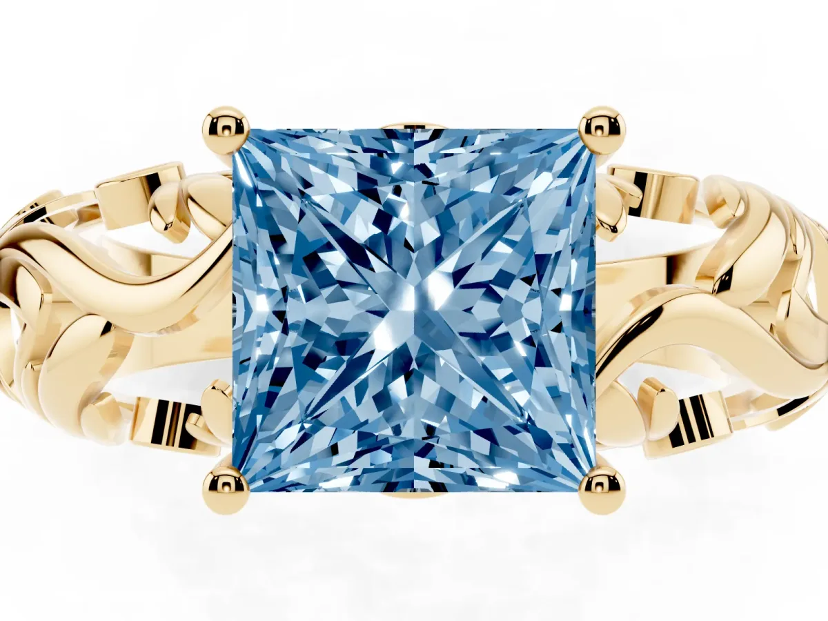 Fancy Blue Princess Cut Solitaire Diamond Leaf-Inspired Vine Band Ring with Prong Setting Yellow gold