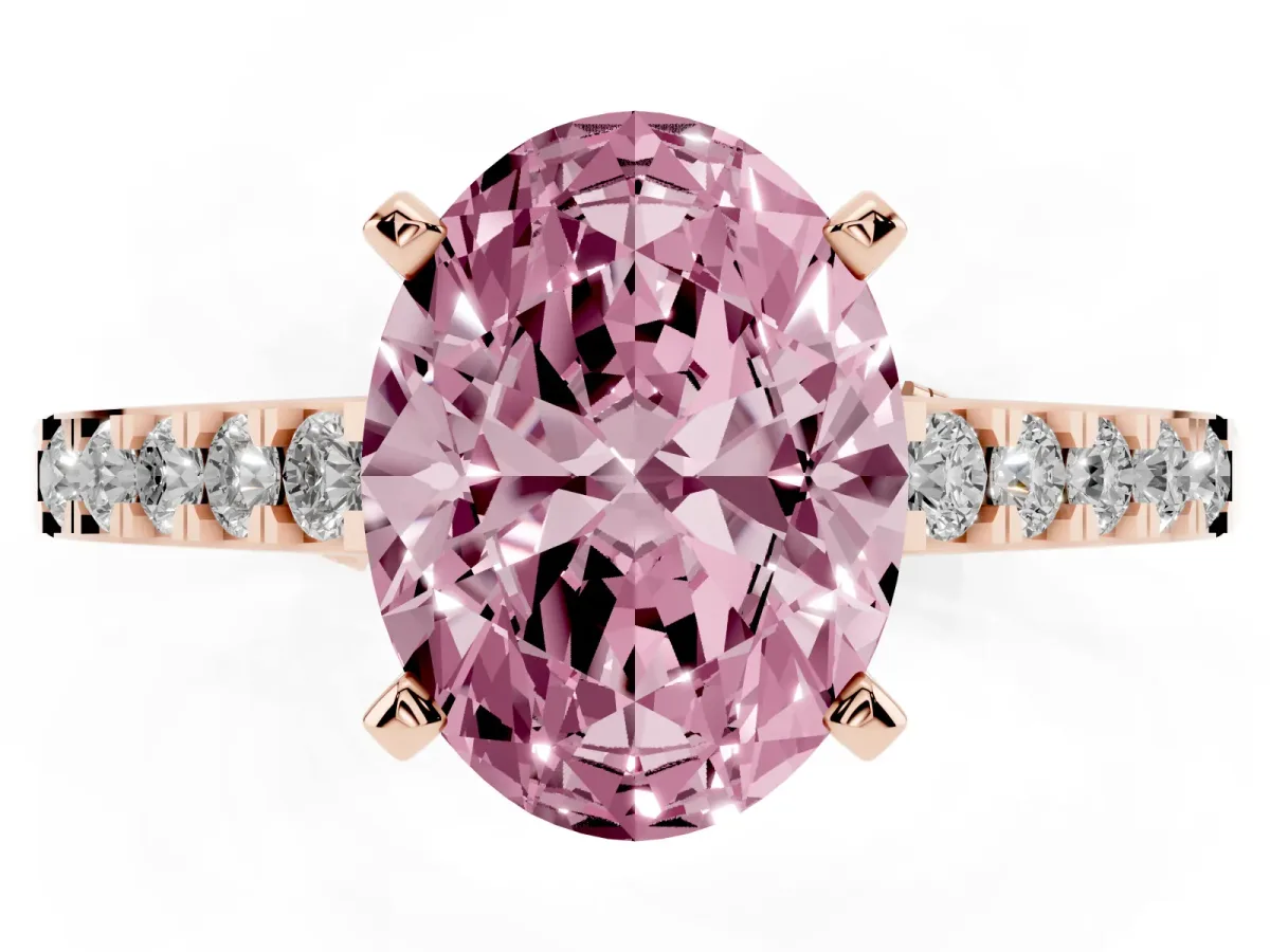 Fancy Pink Oval Cut Diamond Solitaire Ring with Crossover Gallery and Round Pavé Band Rose gold