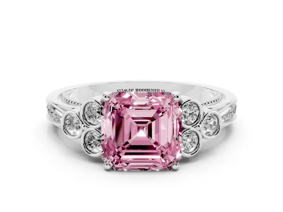 Fancy Pink Asscher Cut Cut Diamond Engagement Ring with Bezel Set Round Side Stones and Prong Setting White gold