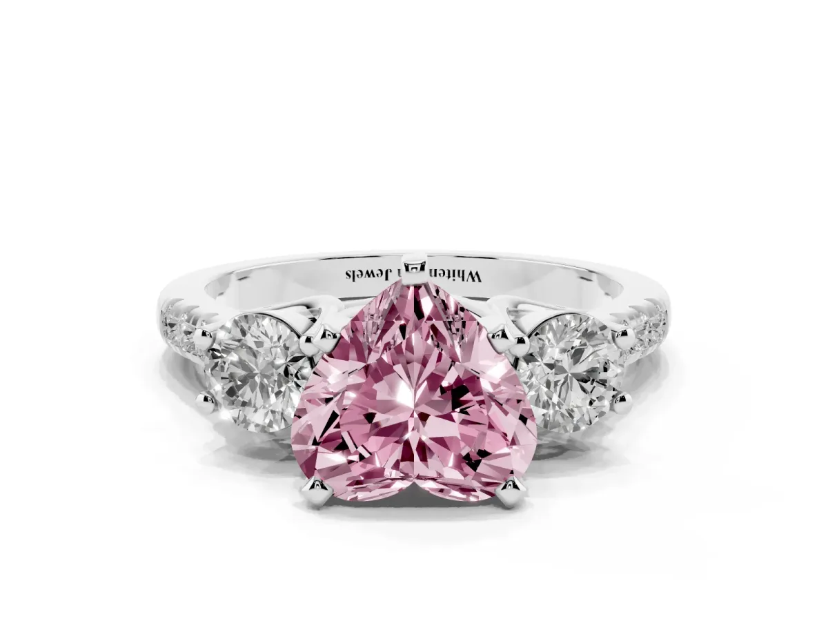 Fancy Pink Three-Stone Heart Cut Diamond Pavé Band with Four-Prong Setting Silver