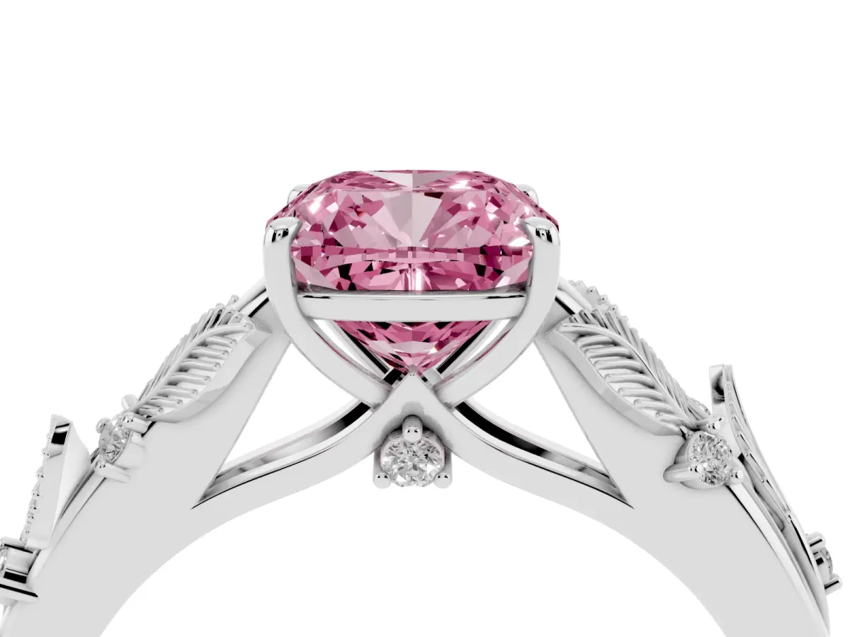Fancy Pink Cushion Cut Diamond Solitaire Ring with Leaf Motif Band and Four-Prong Setting Platinum