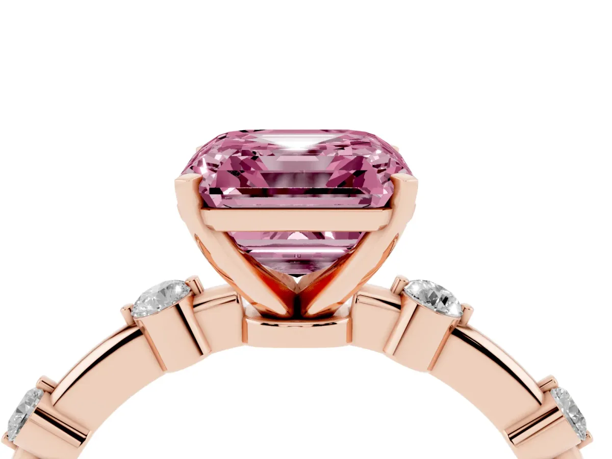 Fancy Pink Asscher Cut Solitaire Diamond Ring with Bezel Set Side Stones and Prong Setting Rose gold