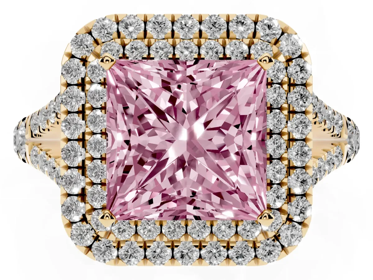 Fancy Pink Double Halo Princess Cut Diamond Split Shank Engagement Ring with Four-Prong Setting Yellow gold