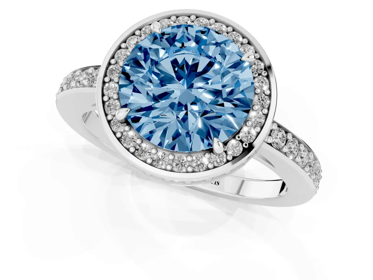 Fancy Blue Round Cut Halo Pave Band Solitaire Ring with Prong Setting Silver