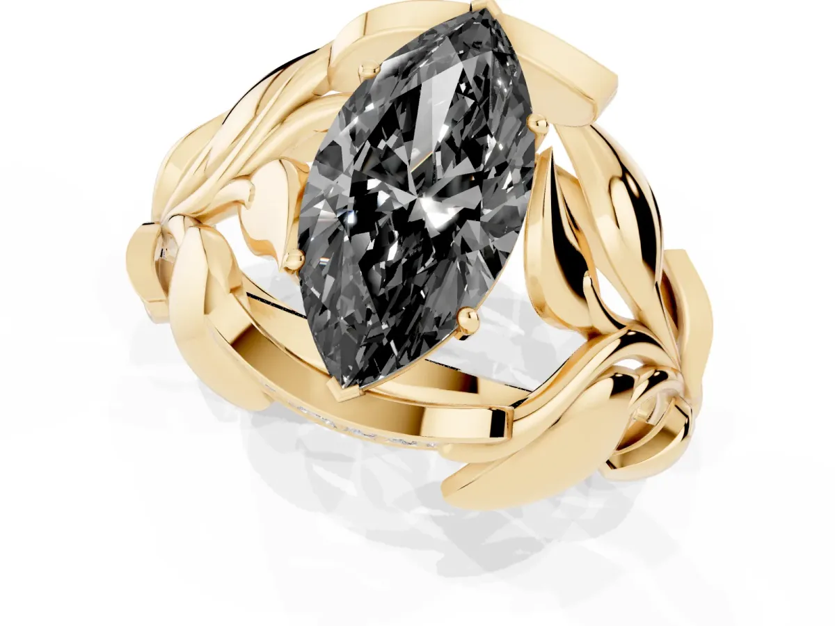 Fancy Black Marquise Cut Diamond Leaf-Inspired Engagement Ring with Round Accents and Prong Setting Yellow gold