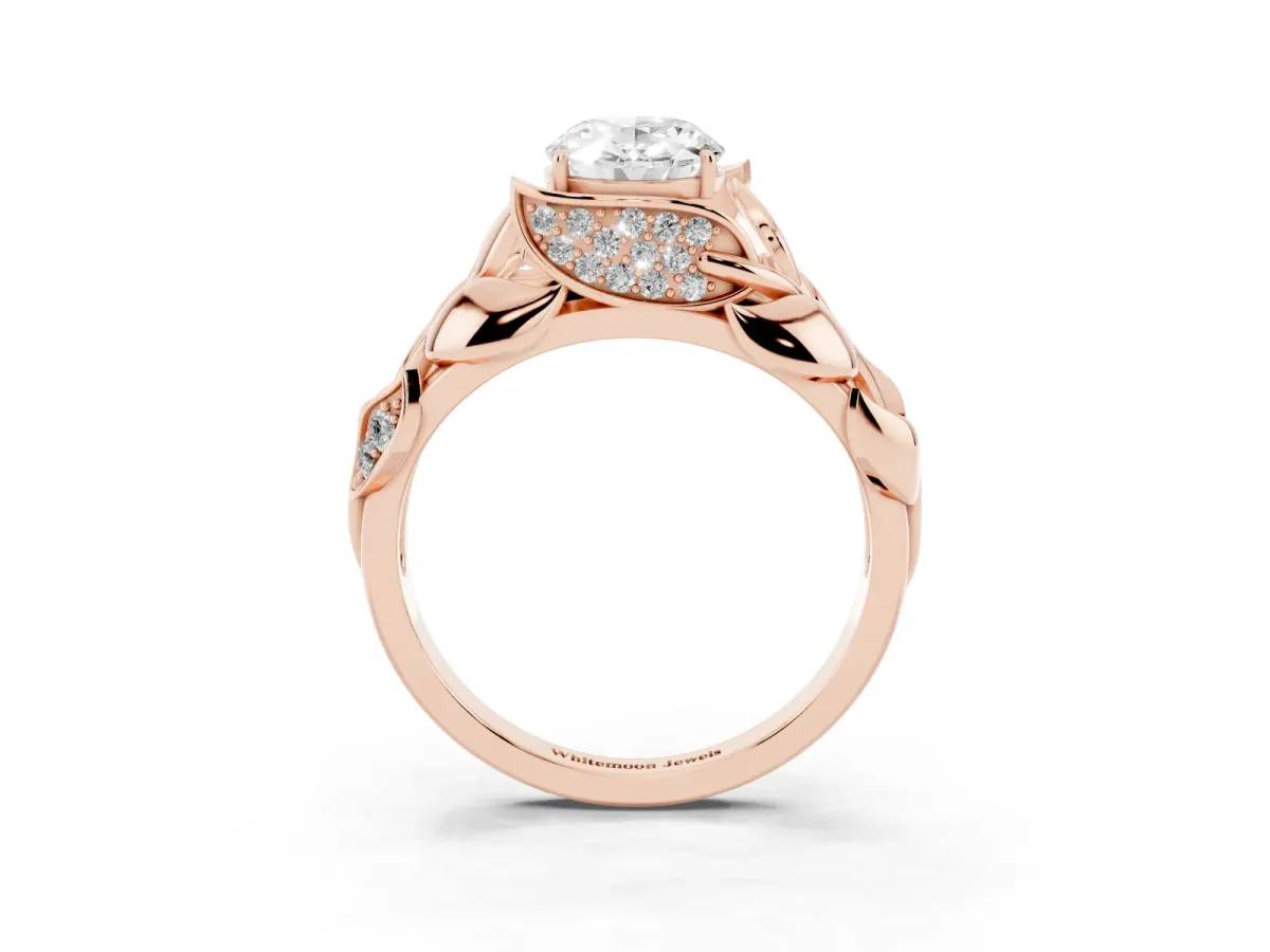 Oval Cut Diamond Leaf-Inspired Engagement Ring with Round Accents and Prong Setting Rose gold
