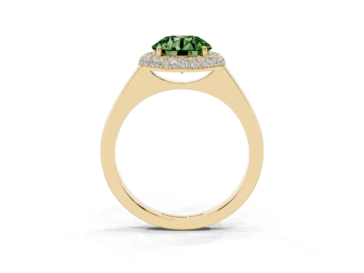 Fancy Green Round Cut Halo Diamond Engagement Ring with Solitaire Band and Four-Prong Setting Yellow gold