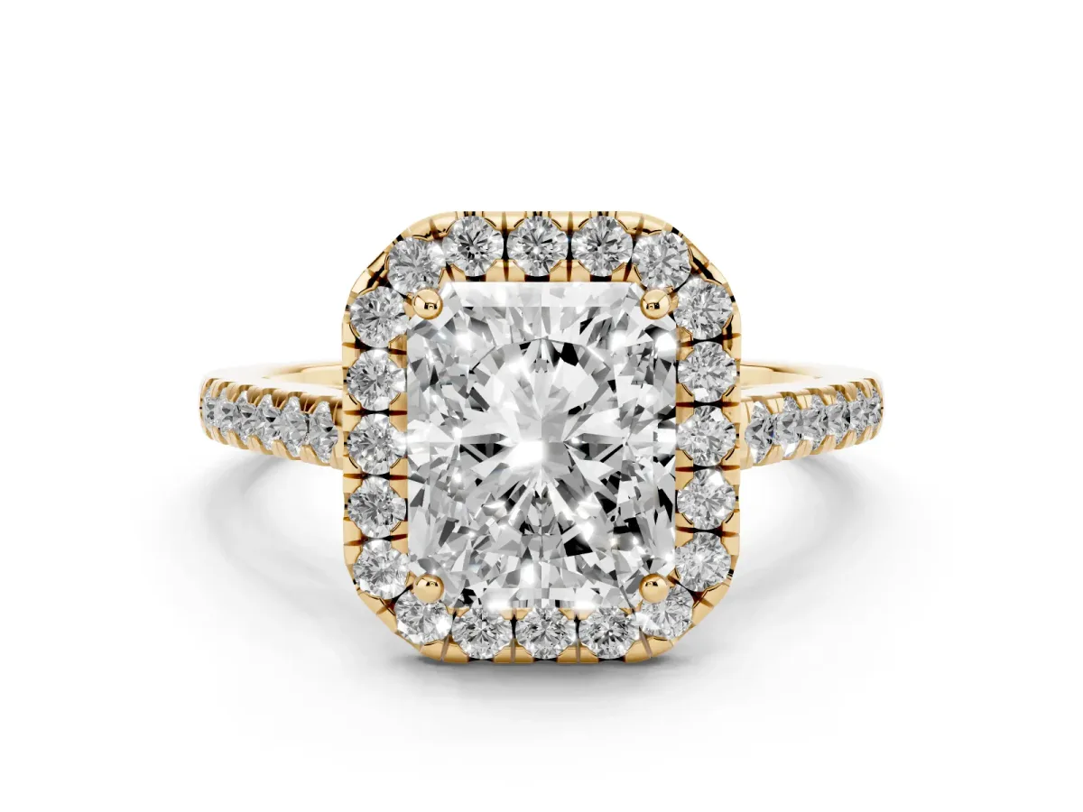 Radiant Cut Halo Pave Diamond Engagement Ring with Four-Prong Setting Yellow gold