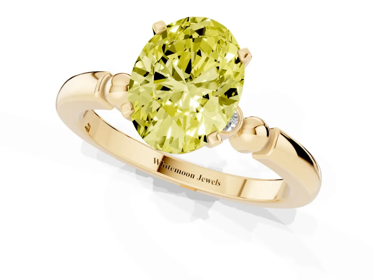 Fancy Yellow Oval Cut Solitaire Beaded Band with Four-Prong Setting Yellow gold