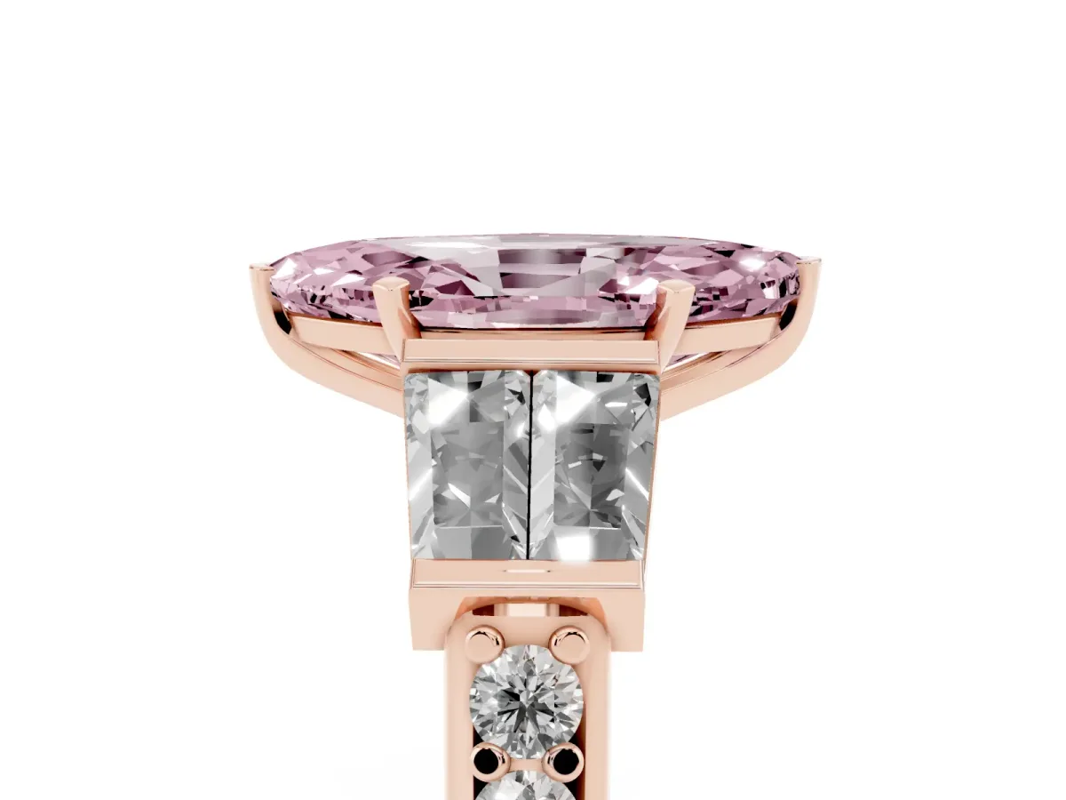 Fancy Pink Marquise Cut Diamond Engagement Ring with Baguette Side Stones and Channel Set Band Rose gold