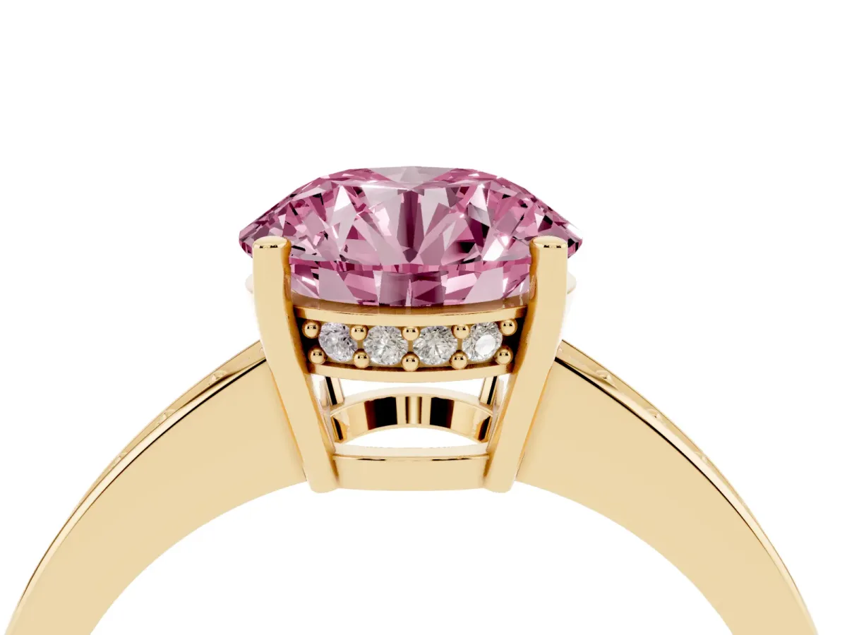 Fancy Pink Round Cut Solitaire Pavé Band Prong Setting Ring Yellow gold
